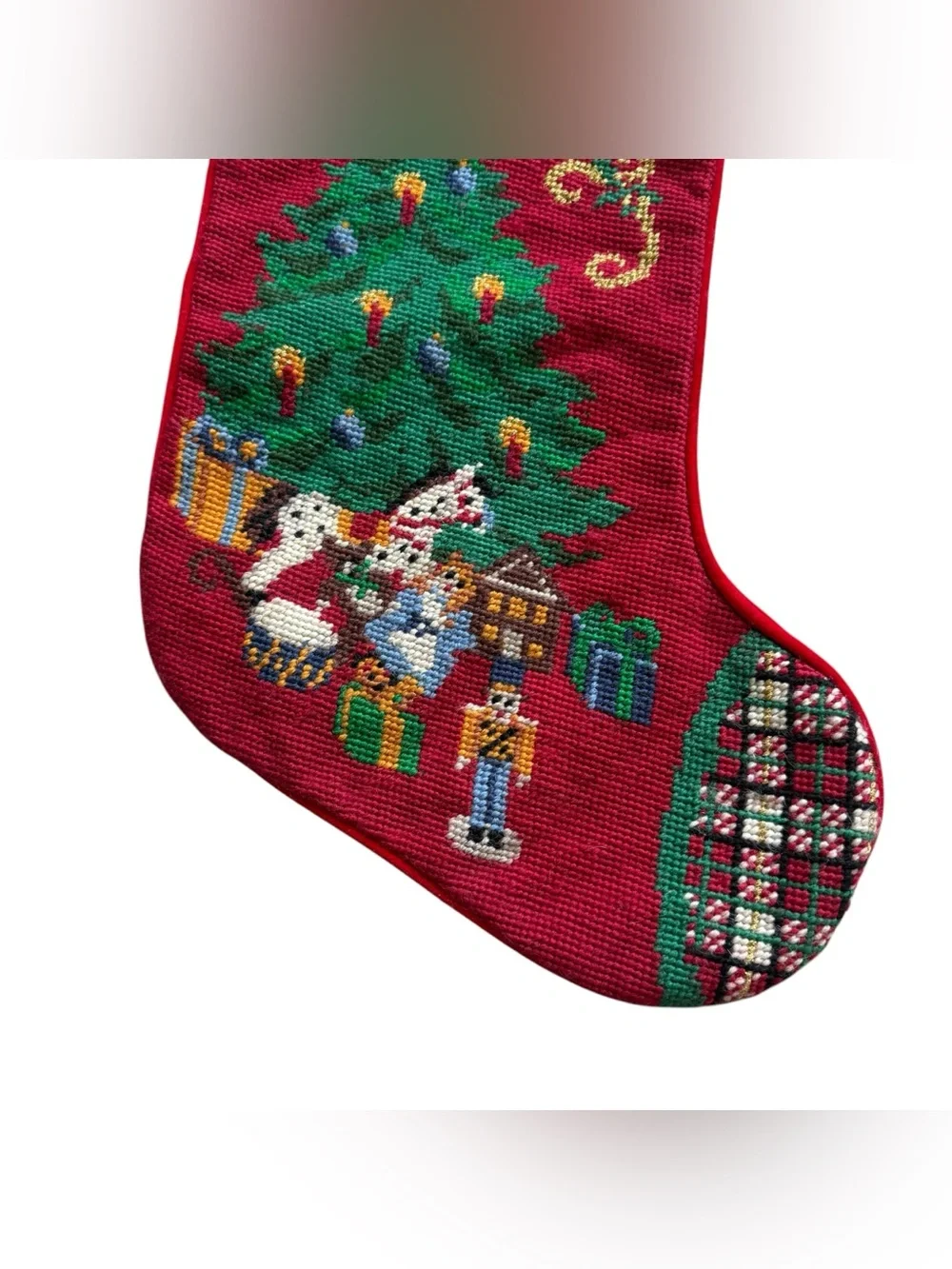 Vintage Wool Needlepoint Christmas Stocking Nutcracker Fir Grandmillennial Decor